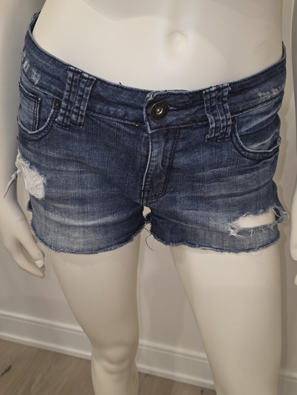Guess Ripped Denim Low Rise Shorts Washed Dark Blue